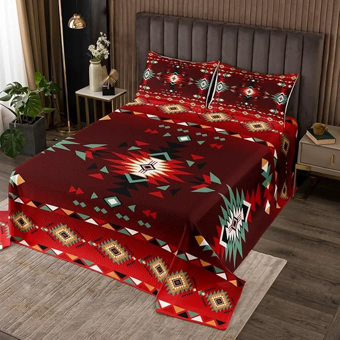 Organic Manfei Geometric Aztec Kids Bedspread Twin Size Western Cowboy Arrow Rustic Farmhouse Coverlet Set Boys Girls Room Decor Southwest Boho Tribal Quilted Coverlet Red Black Bedding Quilt 1 Pillowcase High-Quality