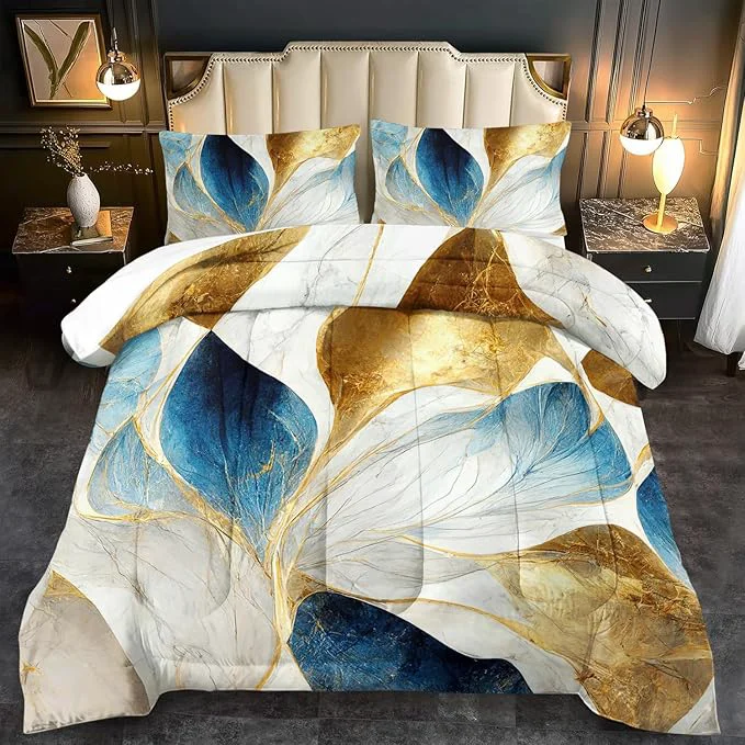 Organic Vintage Floral Comforter Set Full Size Women Marble Flower Bedding Set Full Marble Blue Flower Bed Comforter Blue and Gold Floral Quilt Bedroom Decor for Kids and Adults Easy-to-Use