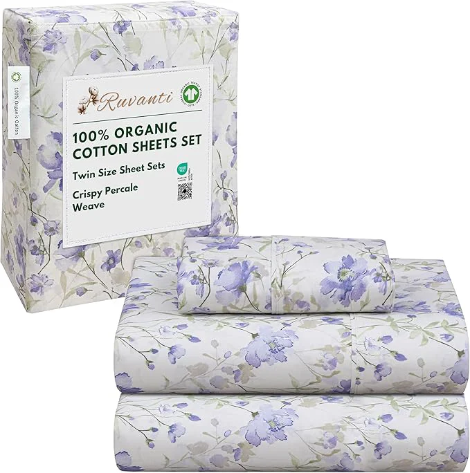 Crafted RUVANTI Organic Cotton Sheets Twin Size Percale Weave GOTS 3-Piece Set Deep Pocket 15 quot Crisp amp Breathable Soft Durable Bedding Sábanas Algodón Orgánico – Heather Smart