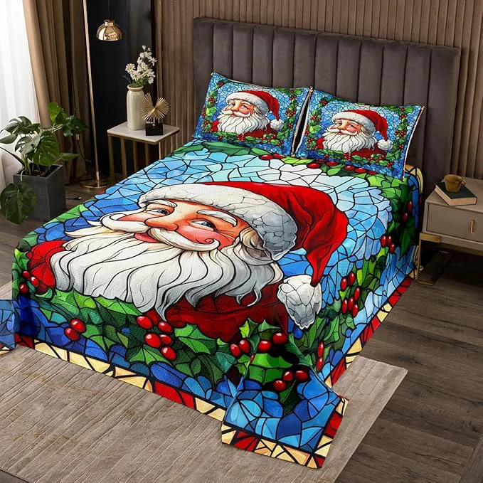 Sophisticated Santa Claus Kid Bedspread Queen Size Merry Christmas Happy New Year Western Holiday Coverlet Set Boys Girls Room Decor Poinsettia Flower Geometric Quilted Coverlet Xmas Bedding Quilt 2 Pillowcases Modern