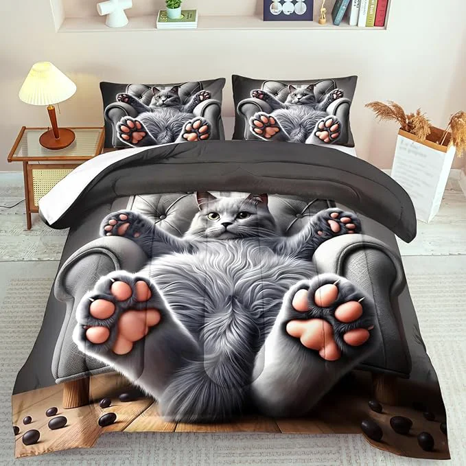 Environmentally Friendly Cute Cat Comforter Set Queen Grey Kawaii Cat Bedding Set Adult Cute Animal Comforter for Boy American Shorthair Bedding Grey Kawaii Animal Print Quilt Bedroom Decor Kids Excellent