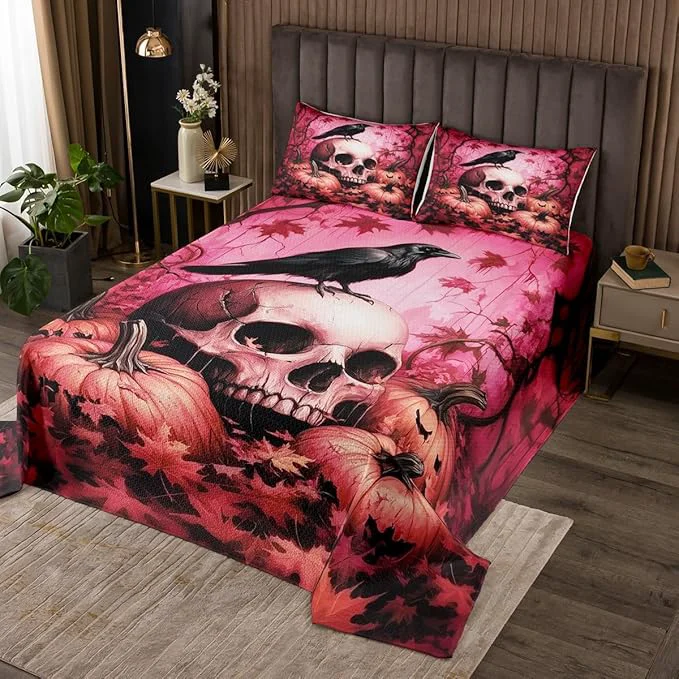 Verified Happy Halloween Kid Bedspread Twin Size Human Skeleton Skull Crow Maple Leaves Coverlet Set Boys Girls Room Decor Thanksgiving Day Pumpkin Quilted Coverlet Gothic Pink Bedding Quilt 1 Pillowcase Fine Crafted