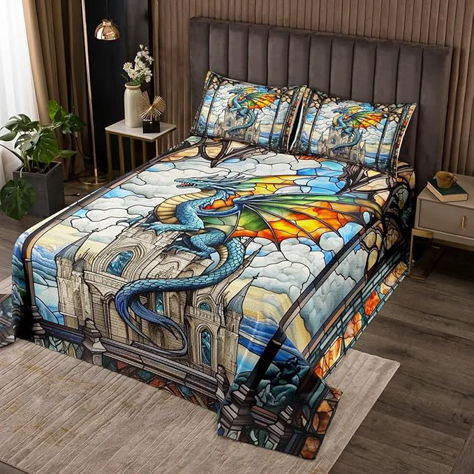 Soft Western Dragon Kids Bedspread Queen Size Tale Castle Cloud Glass Dragon Coverlet Set Boys Girls Room Decor Geometric Patchwork Natural View Quilted Coverlet Blue Retro Bedding Quilt 2 Pillowcases Elite
