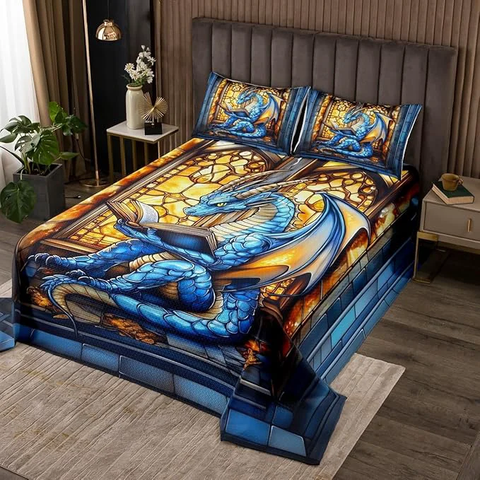 Advanced Western Dragon Kids Bedspread Queen Size Blue Dragon Reading Book Bookshelf Coverlet Set Boys Girls Room Decor Geometric Patchwork Abstract Quilted Coverlet Trippy Chic Bedding Quilt 2 Pillowcases Functional