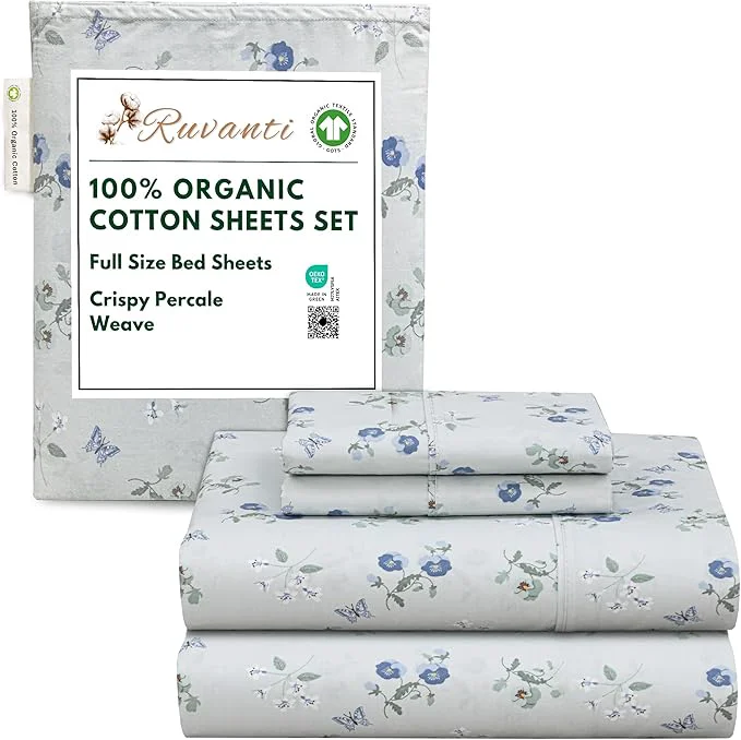Responsible RUVANTI Organic Cotton Sheets Full Size Percale Weave GOTS 4-Piece Set Deep Pocket 15 quot Crisp amp Breathable Soft Durable Bedding Sábanas Algodón Orgánico – Butter Flight High-End
