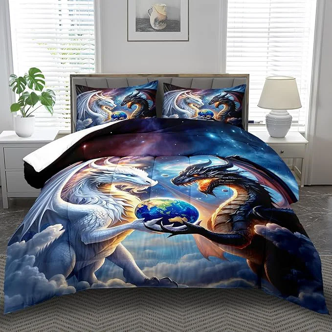 Selected Black White Dragon Comforter Set Queen Boys Flame Ancient Mysterious Creatures Fantasy Dragon Bedding Set Boys Girls White and Black Comforter Queen Size Animals Quilt Room Decor Comfortable