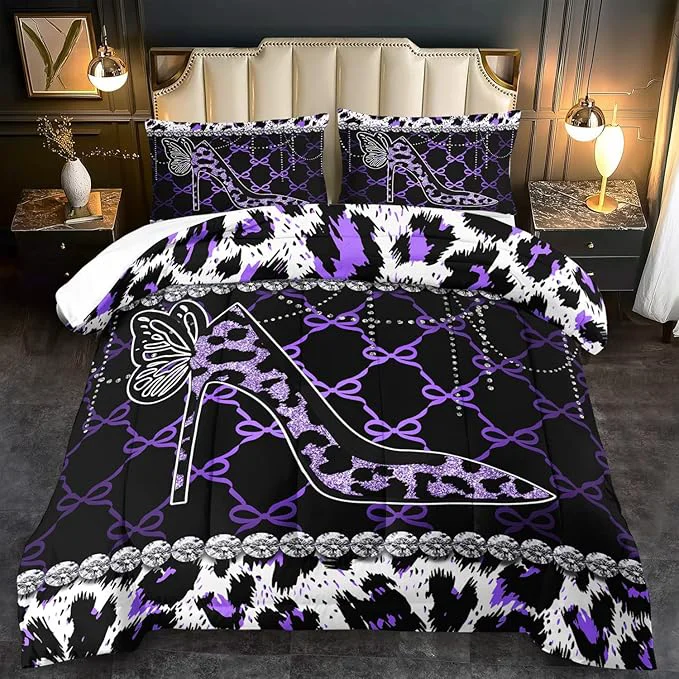 Quality Purple Cheetah Print Comforter Set Full Women Sexy High Heels Leopard Print Bedding Set Girls High Heels Leopard Comforter Quilt Animal Bedroom Decor Cheetah Bedding Bed Decor Natural