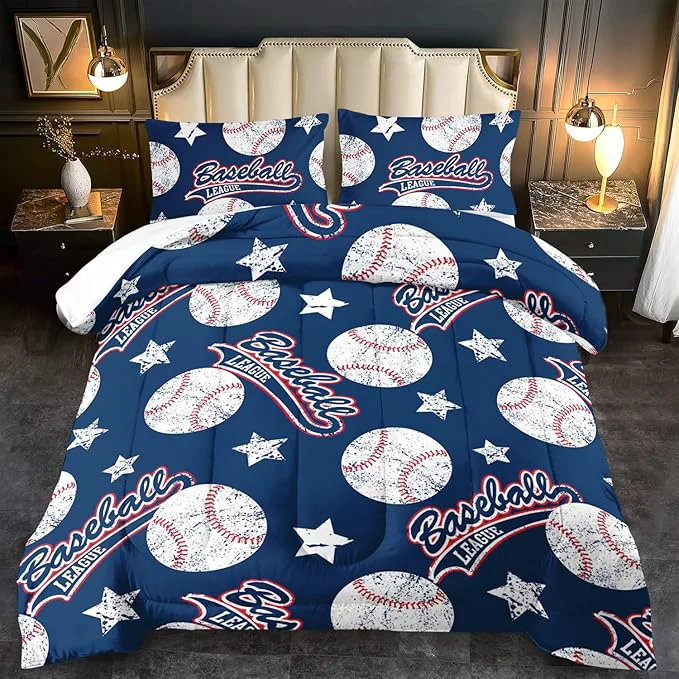 Environmentally Friendly Baseball Comforter Set Full Sports Bedding Sets for Boys Blue Sports Comforter Full Bedroom Decor Baseball Bedding Teen for All Seasons Blue Quilt Kids Bedroom Decor Unique