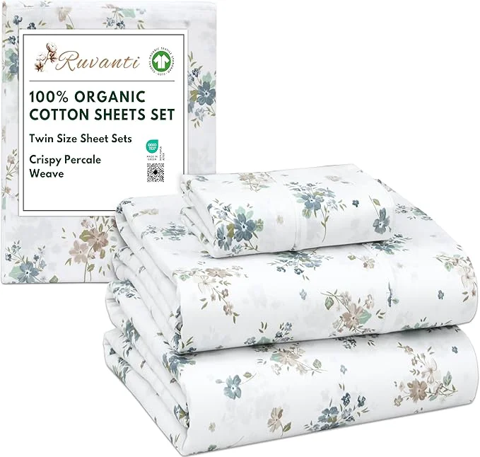 Convenient RUVANTI Organic Cotton Sheets Twin Size Percale Weave GOTS 3-Piece Set Deep Pocket 15 quot Crisp amp Breathable Soft Durable Bedding Sábanas Algodón Orgánico – Halcyon Reusable