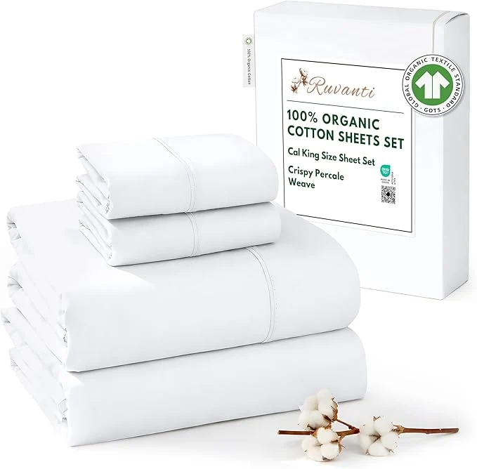 Refined RUVANTI Organic Cotton Sheets California King Percale Weave GOTS 4-Piece Set Deep Pocket 13 quot Crisp amp Breathable Soft Durable Bedding Sábanas Algodón Orgánico – Bright White Secure