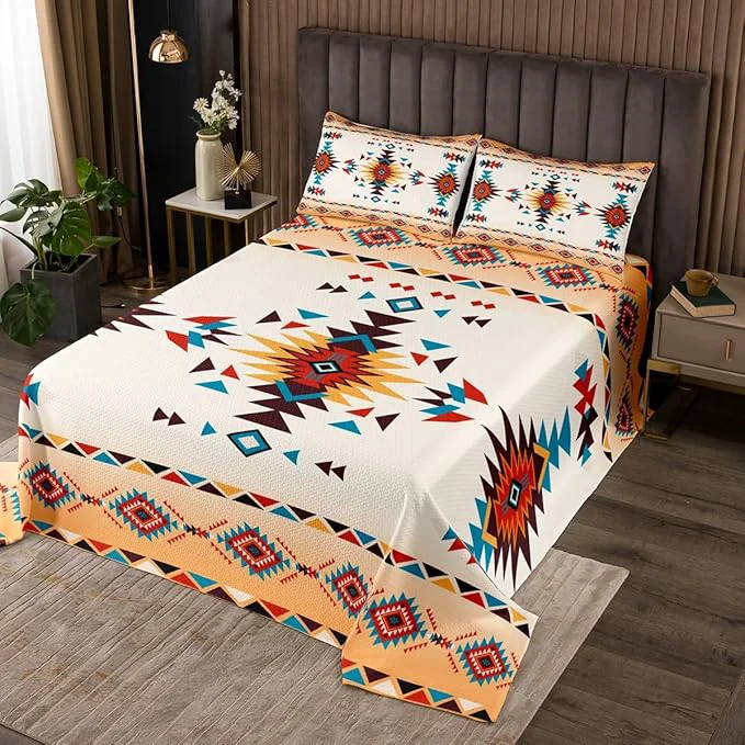 Fine Geometric Aztec Kids Bedspread Queen Size Western Cowboy Arrow Grid Patchwork Coverlet Set Boys Girls Room Decor Southwest Bohemia Tribal Ethnic Quilted Coverlet Chic Bedding Quilt 2 Pillowcases Unique