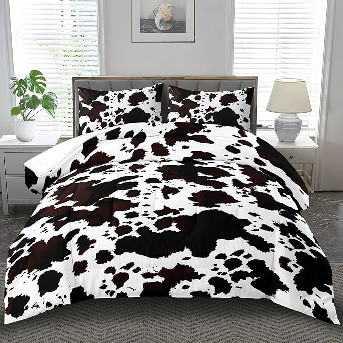 Natural Western Comforter Set FullAnimal Cow Print Comforter Set Full Boys Black and White Farmhouse Bedding Quilt Girls Cowboy Country Bedding Western Room Decor Cow Print Country Quilt Smart