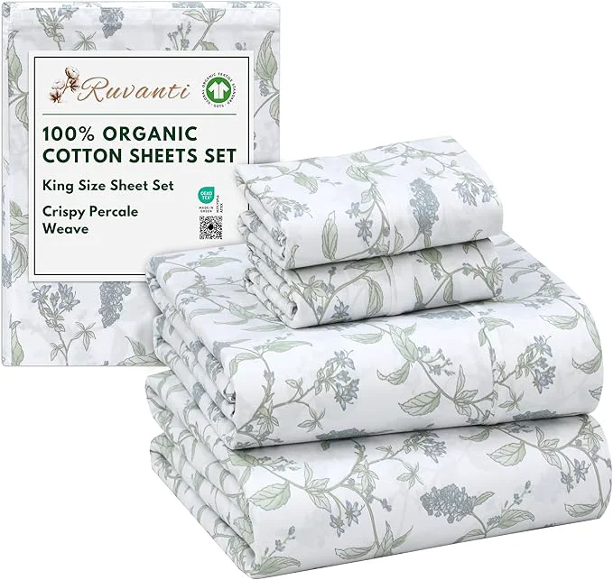 Superior RUVANTI Organic Cotton Sheets King Size Percale Weave GOTS 4-Piece Set Deep Pocket 15 quot Crisp amp Breathable Soft Durable Bedding Sábanas Algodón Orgánico – Vine Yard Minimalist