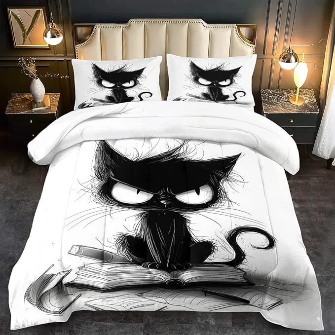 Outstanding Cute Black Cat Comforter Set Queen Size Cute Pet Bedding Set Boys Girls White and Black Comforter Cartoon Cat Quilt Animal Bedroom Decor Kawaii Animal Print Bedding Boys Kids User-Friendly