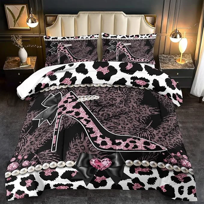 Casual Sexy High Heels Leopard Print Comforter Set Queen Girls Red Cheetah Print Bedding Set Women High Heels Leopard Comforter Animal Quilt Bedroom Decor Cheetah Bedding Bed Decor Fine