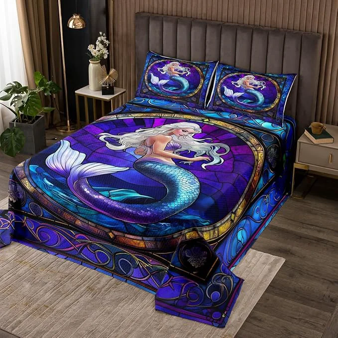 Reliable Mermaid Kids Bedspread King Size Mermaid Scale Marine Ocean Animal Geometric Coverlet Set Boys Girls Room Decor Tale Princess Dreamy Quilted Coverlet Purple Unique Bedding Quilt 2 Pillowcases Recyclable