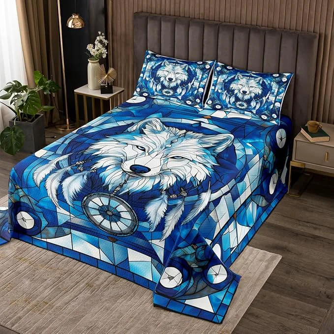 Enhanced Wolf Kids Bedspread King Size Dreamcatcher Feather Wild Animal Rustic Hunting Coverlet Set Boys Girls Room Decor Indian Geometric Grids Patchwork Quilted Coverlet Boho Bedding Quilt 2 Pillowcases Exclusive
