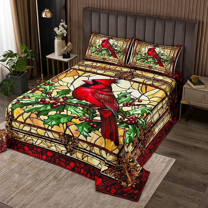 Practical Christmas Cardinal Kids Bedspread King Size Red Bird Poinsettia Flower Merry Christmas Coverlet Set Boys Girls Room Decor Glass Paint Geometric Quilted Coverlet Xmas Bedding Quilt 2 Pillowcases High-Grade