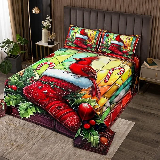 Elegant Merry Christmas Kids Bedspread Twin Size Redbird Candy Christmas Stocking Happy New Year Coverlet Set Boys Girls Room Decor Leaves Geometric Quilted Coverlet Red Xmas Bedding Quilt 1 Pillowcase Soft