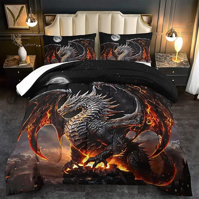 Artisan Black Dragon Comforter Set Full Adult Flame Dragon Bedding Set for Boys al Beast Bedding Fantasy Animal Comforter Beedroom Decor al Beast Quilt Bed Decor Casual