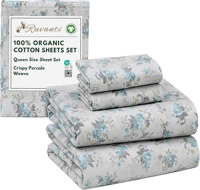 Effective RUVANTI Organic Cotton Sheets Queen Size Percale Weave GOTS 4-Piece Set Deep Pocket 15 quot Crisp amp Breathable Soft Durable Bedding Sábanas Algodón Orgánico – Blue Rose Reliable