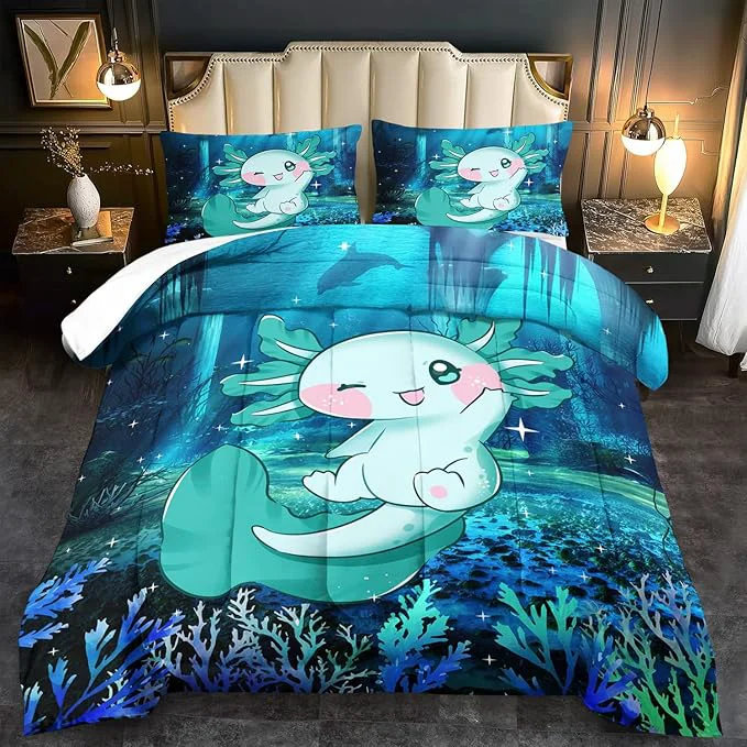 Exclusive Cute Axolotl Comforter Set Kids Blue Axolotl Bedding Set Boys Girls Full Size Kawaii Ocean Animal Print Comforter Boys Girls Ocean Sealife Room Decor Blue Fish Quilt Authentic