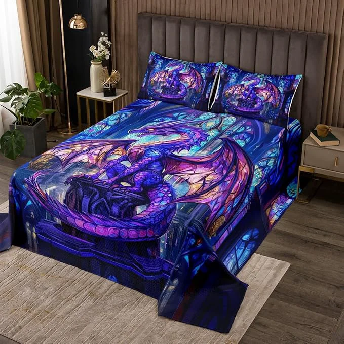 Certified Western Dragon Kids Bedspread King Size Flying Wing Purple Dragon Coverlet Set Boys Girls Room Decor Castle Tale Trippy Animal Geometric Quilted Coverlet Blue Christmas Bedding Quilt 2 Pillowcases Smooth