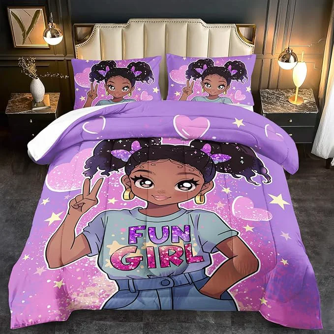 Fine Crafted African American Black Girl Comforter Set Twin Size Cute Black Girl Bedding Set Twin for Kids Kawaii Heart Comforter Purple Bedding Decor for Teen Purple Bed Quilt Green