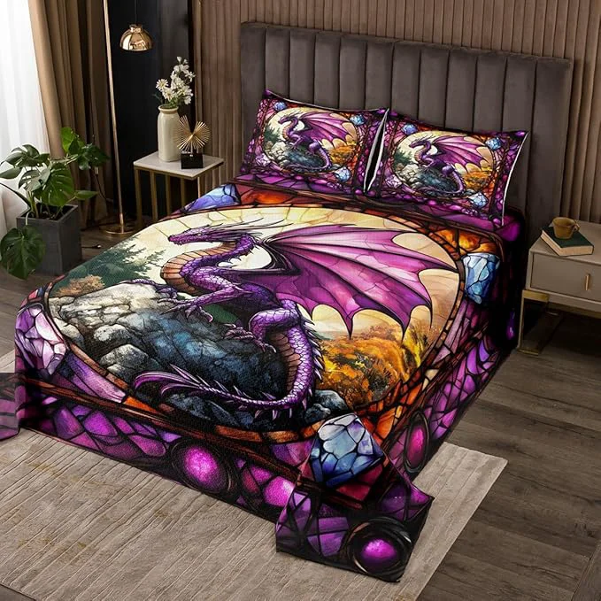 Traditional Western Dragon Kids Bedspread Queen Size Purple Dragon Pine Trees Natural Coverlet Set Boys Girls Room Decor Glass Painting Geometric Quilted Coverlet Unique Fashion Bedding Quilt 2 Pillowcases Premium