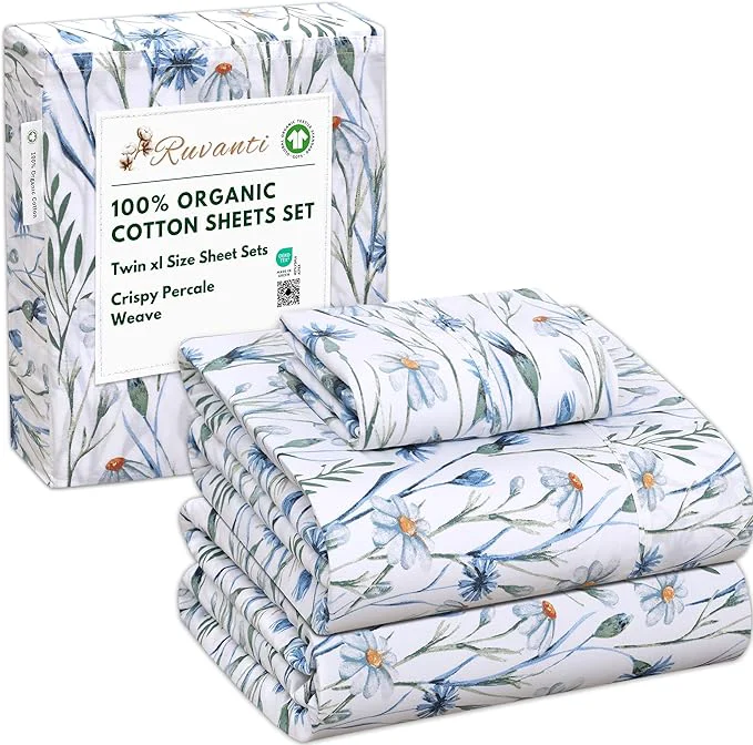 Superior RUVANTI Organic Cotton Sheets Twin XL Percale Weave GOTS 3-Piece Set Deep Pocket 15 quot Crisp amp Breathable Soft Durable Bedding Sábanas Algodón Orgánico – Daisy Bud Clean