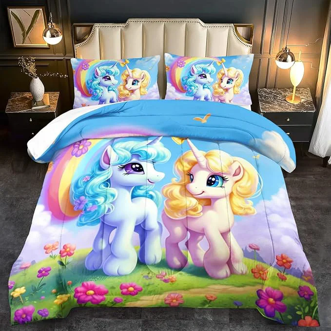 Premium Material Unicorn Comforter Set Full Kawaii Unicorn Bedding Set Full Kids Rainbow Comforter Blue Bedroom Decor Cute Animal Bedding Rainbow Bed Decor for Girls Cartoon Blue Floral Quilt Quality