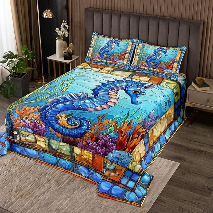 Solid Seahorse Kids Bedspread Twin Size Hippocampus Coral Seaweed Marine Life Coverlet Set Boys Girls Room Decor Ocean Animal Geometric Abstract Quilted Coverlet Sea Blue Bedding Quilt 1 Pillowcase Consistent