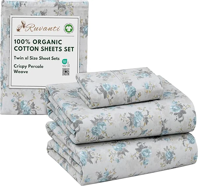 Reliable RUVANTI Organic Cotton Sheets Twin XL Percale Weave GOTS 3-Piece Set Deep Pocket 15 quot Crisp amp Breathable Soft Durable Bedding Sábanas Algodón Orgánico – Blue Rose Trendy
