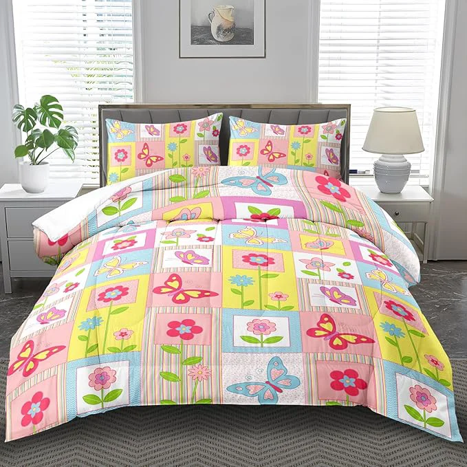 Durable Pink Butterfly Kids Comforter Set Twin Girls Floral Bedding Set Girls Pink Grid Comforter Kids Quilt Bedroom Decor White Purple Blue Pink Butterfly Bedding Bed Decor Consistent