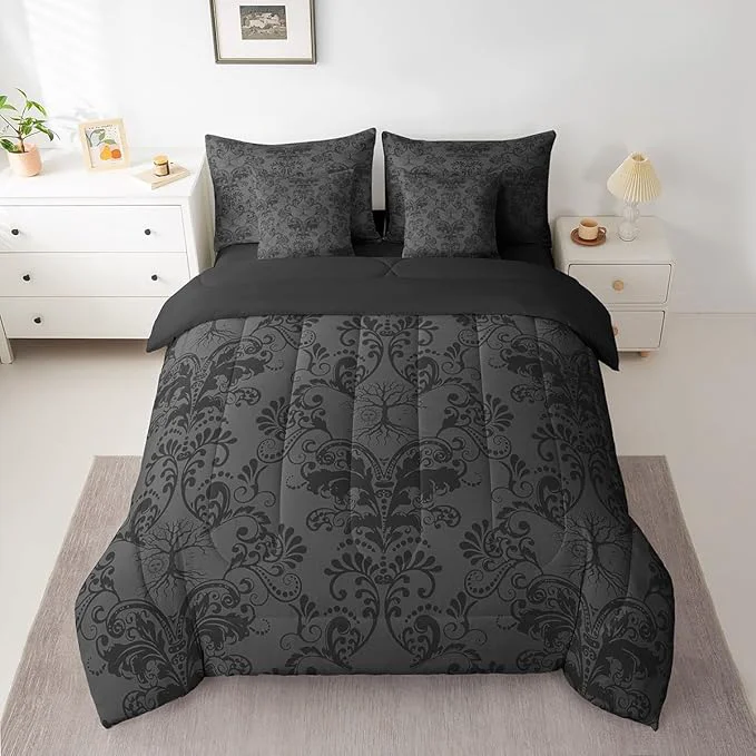 Healthy Erosebridal Gothic Damask Bed in a Bag King Size Comforter Set 7 Pieces Sun Moon Tree of Life Bedding Sets Black Grey Victorian Floral Goth Sheet Set with Comforter Proven