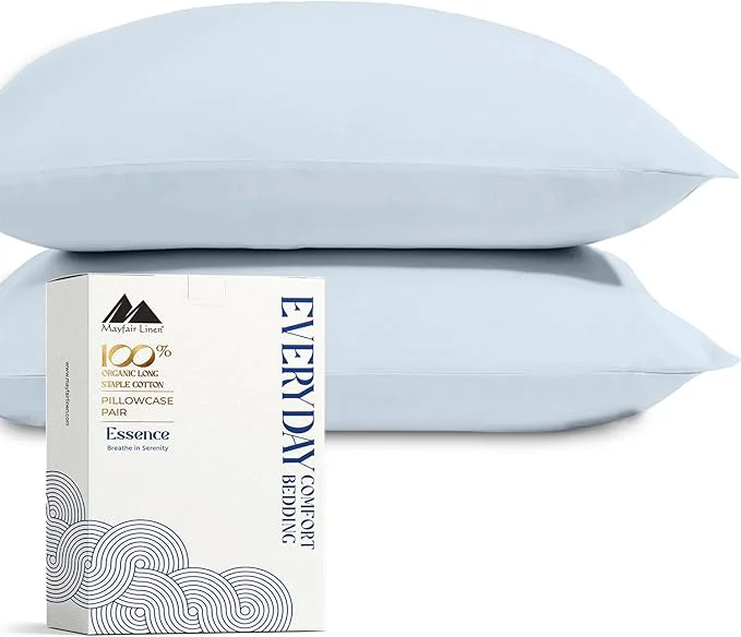 Superior Mayfair Linen Organic Cotton King Size Pillow Cases Set of 2 – Soft Hotel Quality Covers for King Size Pillows Light Blue GOTS Crisp Cooling Percale Cotton Pillowcases Comfortable