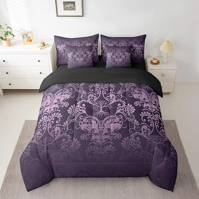 Next-Generation Erosebridal Gothic Damask Bed in a Bag King Size Comforter Set 7 Pieces Sun Moon Tree of Life Bedding Sets Purple Victorian Floral Goth Sheet Set with Comforter High-Grade
