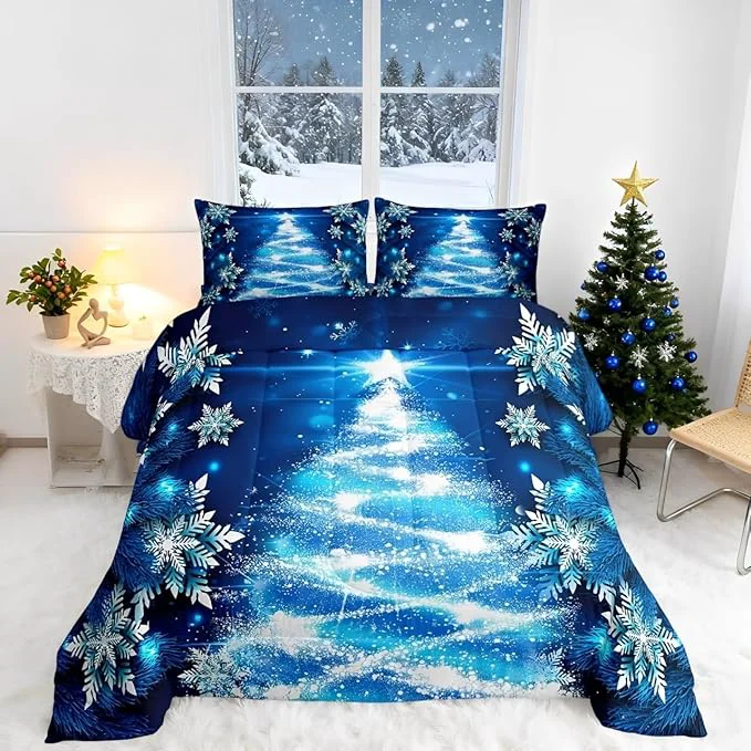 Minimalist Feelyou Blue Christmas Comforter Set Queen Size Christmas Tree Bedding Set Glitter Snowflake Comforter Microfiber Kids Adults Holiday Winter Duvet Quilt Xmas Room Decor Effective