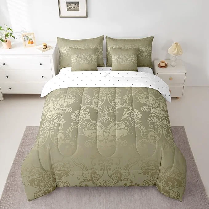 First-Class Erosebridal Gothic Damask Bed in a Bag King Size Comforter Set 7 Pieces Sun Moon Tree of Life Bedding Sets Olive Grey Victorian Floral Goth Sheet Set with Comforter Breathable