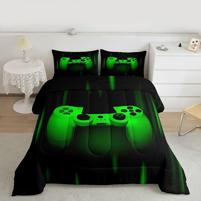 Pure Feelyou Boys Gamer Comforter Set Toddler Size Bedding Set for Kids Gaming Comforter Green Black Video Games Gamepad Room Decor for Teens Child Super Soft Geometric Duvet Quilted Son Grandson Gift Fine