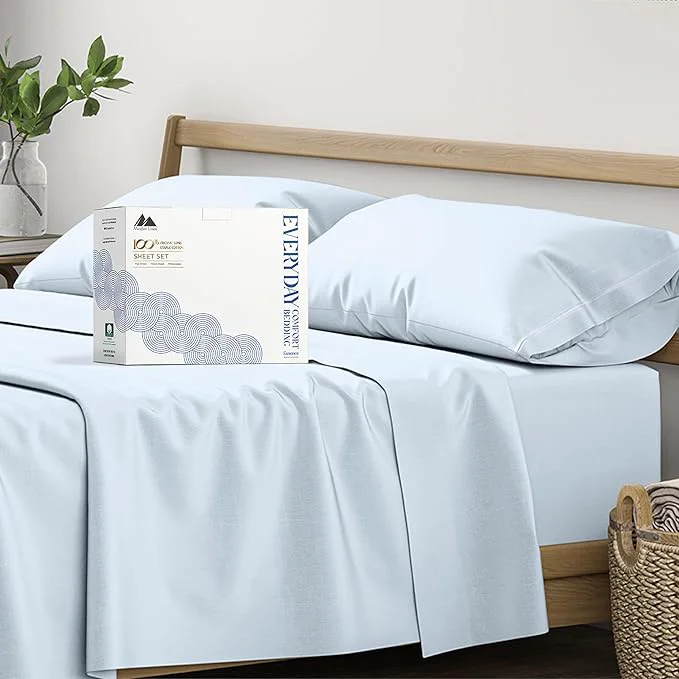 Fast Mayfair Linen Organic Cotton Percale Sheets Full Size – 4 Piece Set Crisp Cooling 16 quot Deep Pocket Hotel Sheets – Light Blue Powerful