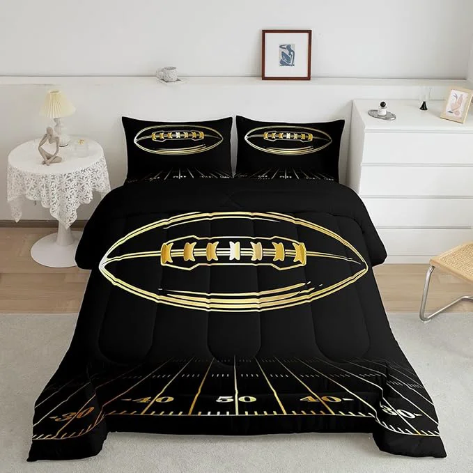 Artisan Feelyou Football Bedding Set Twin Kids Rugby Sports Comforter Set American Football Comforter Set for Boys Golden Black Room Decor Lightweight Quilt Set with 1 Pillow Case Detailed