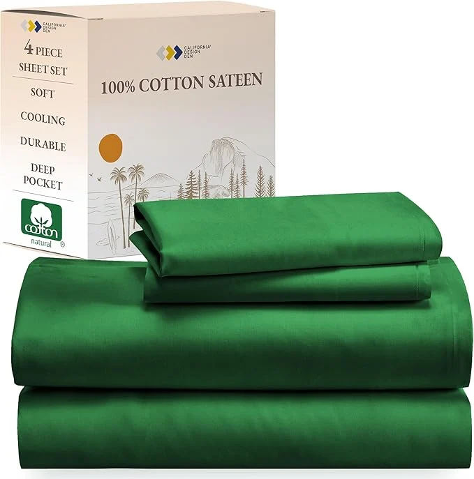 Versatile California Design Den Deep Pocket Queen Sheets Set – Natural Cotton Sheets Queen Size Bed Set Soft Sateen Weave Breathable and Durable Bedding Emerald Green Exceptional