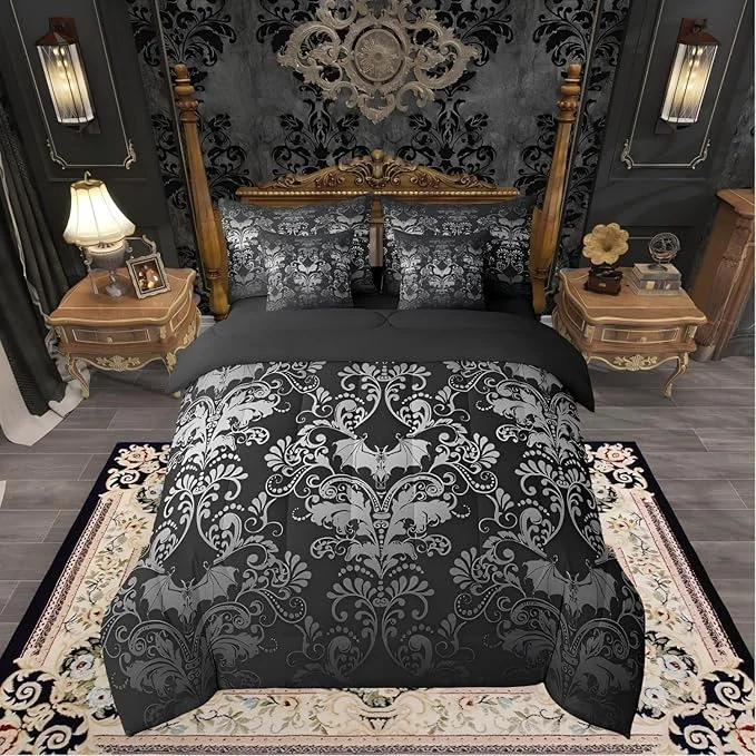 First-Class Erosebridal Gothic Damask 7 Piece Comforter Set Full Bed in a Bag Halloween Bat Bedding Sets White Black Victorian Floral Goth Sheet Set with Comforter Solid
