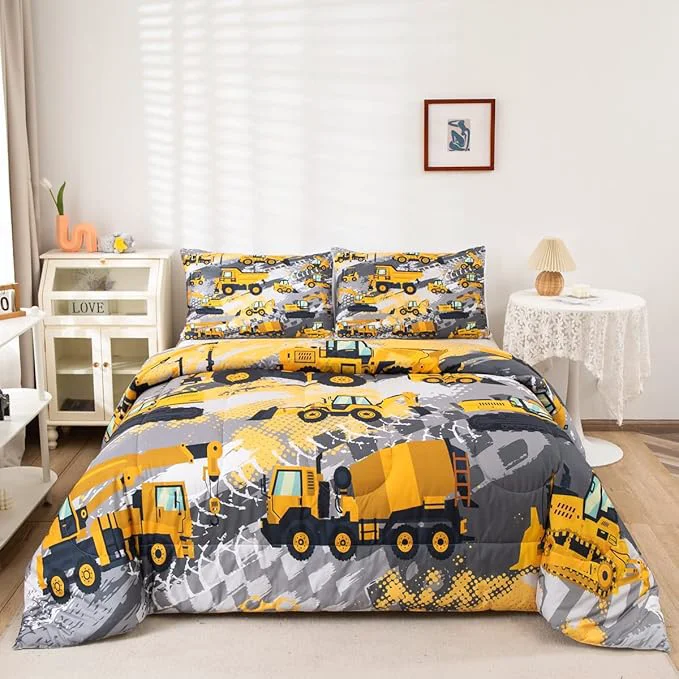 Solid Feelyou Boys Construction Bedding Set Full Size Comforter for Kids Tractor Trucks Comforter Set Toddler Room Decor Car Bed Cartoon Excavator Quilted with 2 Pillow Cases Green