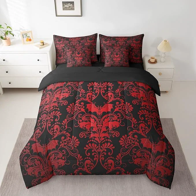 World-Class Erosebridal Gothic Damask Bed in a Bag King Size Comforter Set 7 Pieces Halloween Bat Bedding Sets Red Black Victorian Floral Goth Sheet Set with Comforter Long-Lasting