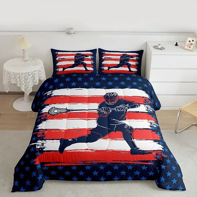Safe Feelyou Lacrosse Comforter Set Queen Size Boys Gilrs American Flag Sports Theme Bedding Set for Kids Adults Ultra Soft Lacrosse Player Games Comforter Navy Blue Duvet Set Room Decor Quilt Set Green