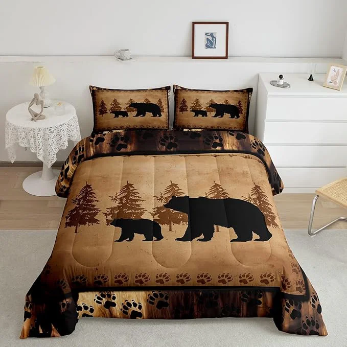 Soft Feelyou Bear Comforter Set Toddler Size Farmhouse Wild Animal Comforter Retro Bear Family Bedding Set for Kids Boys Girls Brown Bear Paws Duvet Set Rustic Bedroom Decor Quilted Set 2Pcs Stylish