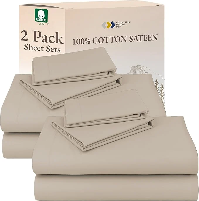 Recyclable California Design Den Cotton 2-Pack Queen Sheets Set for Queen Size Bed – Soft Sateen Deep Pockets Durable Cotton Sateen Sheets – Beige Warm Taupe Contemporary