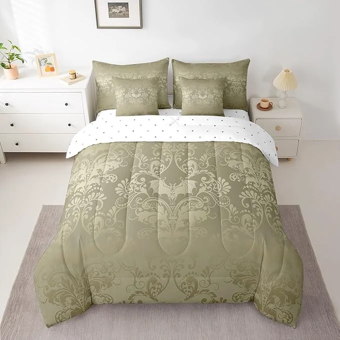 Modern Erosebridal Gothic Damask Bed in a Bag King Size Comforter Set 7 Pieces Halloween Bat Bedding Sets Olive Grey Victorian Floral Goth Sheet Set with Comforter Luxury